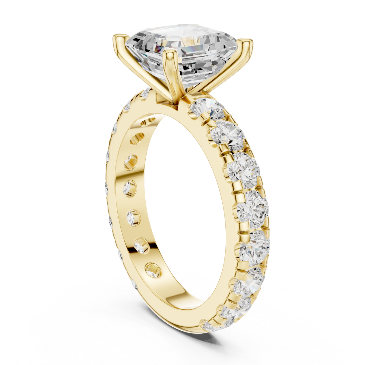 Asscher shared-prong accent engagement ring yellow gold front view