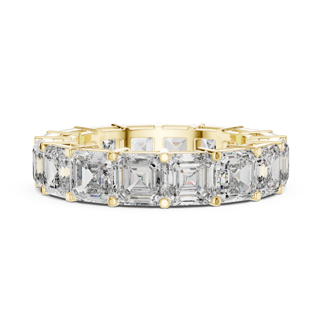 Asscher shared prong full eternity band yellow gold front view