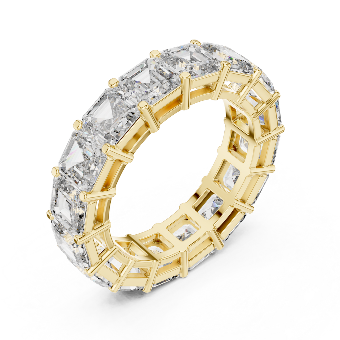 Asscher shared prong full eternity band yellow gold front view