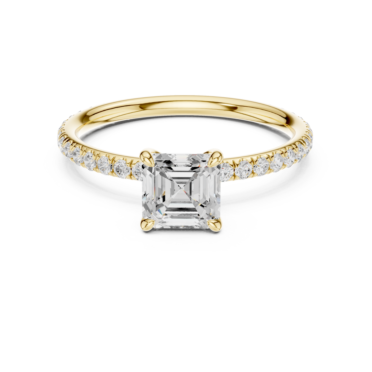  Gold Asscher Four-Prong Pave Engagement Ring Side View