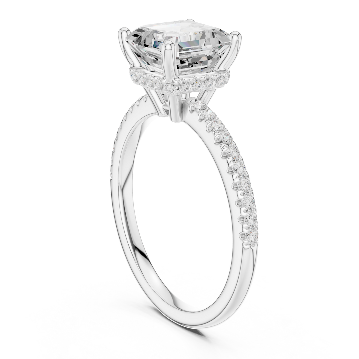 Asscher slim hidden halo pave engagement ring white gold front view