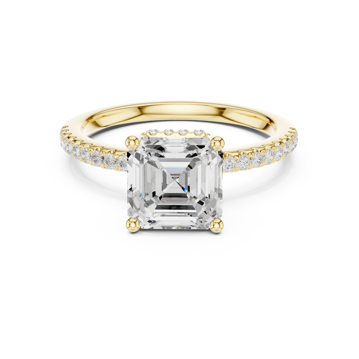 Asscher slim hidden halo pave engagement ring yellow gold detail view
