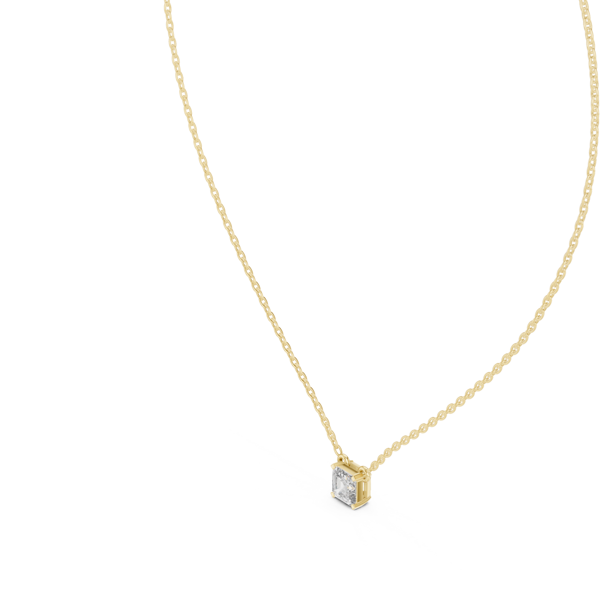 Asscher solitaire necklace yellow gold angle view