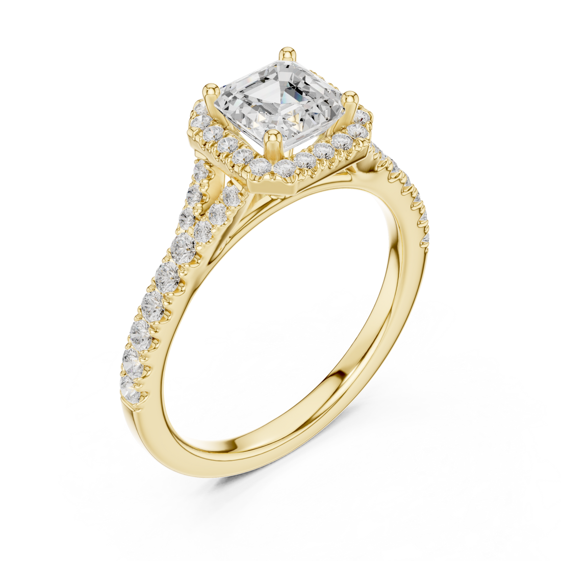 Asscher split bridge halo pave engagement ring yellow gold front view