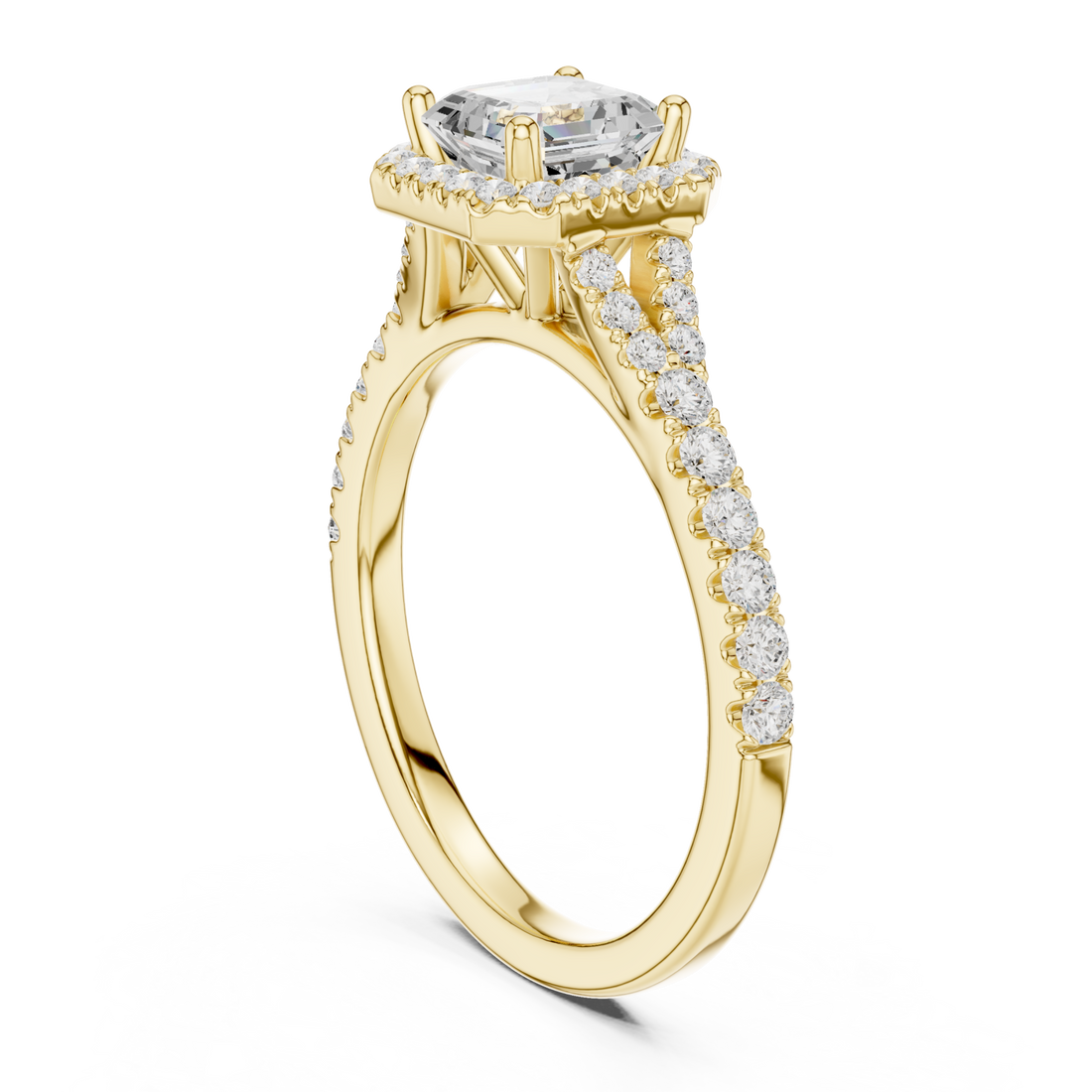 Asscher split bridge halo pave engagement ring yellow gold front view