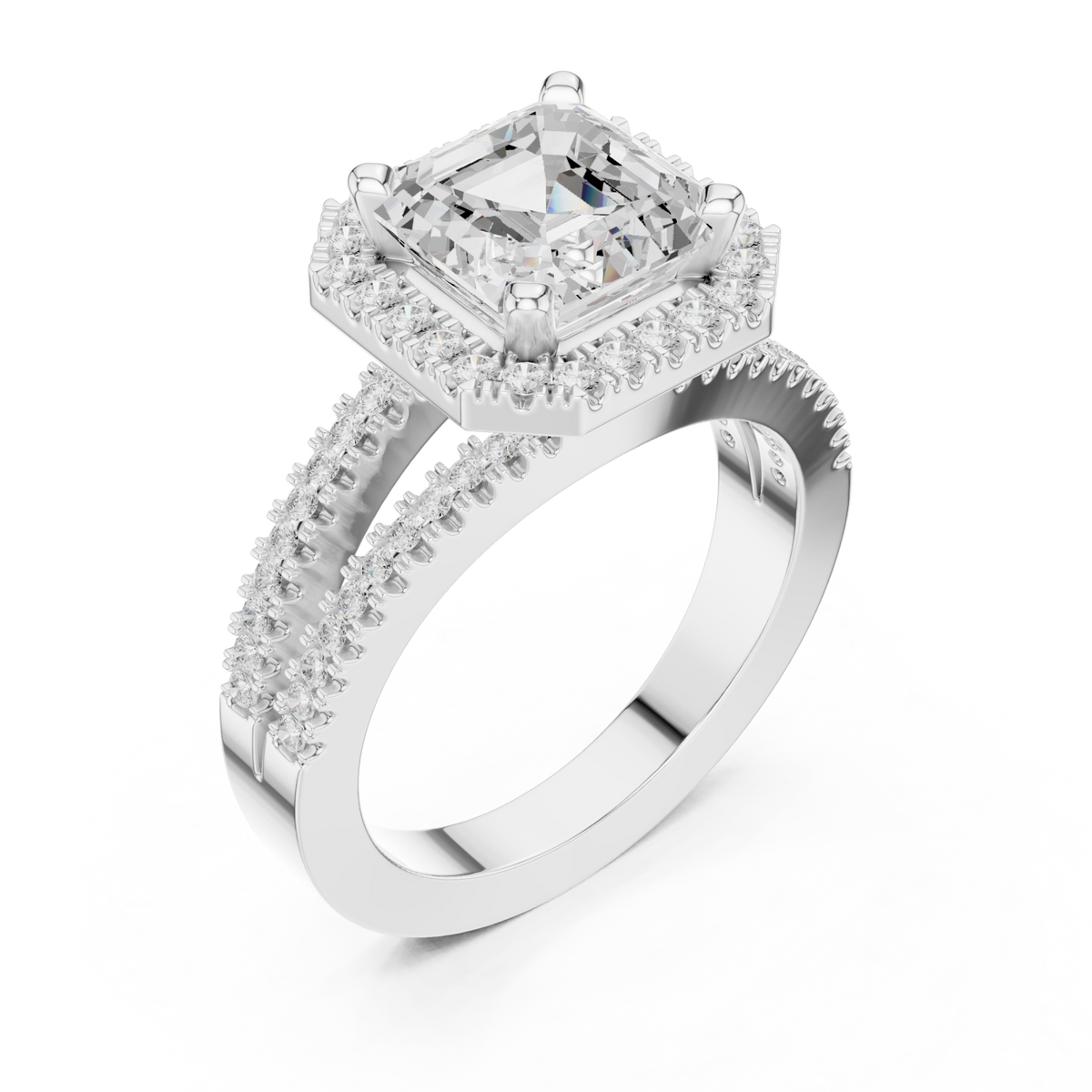 Asscher split shank halo engagement ring white gold angle view