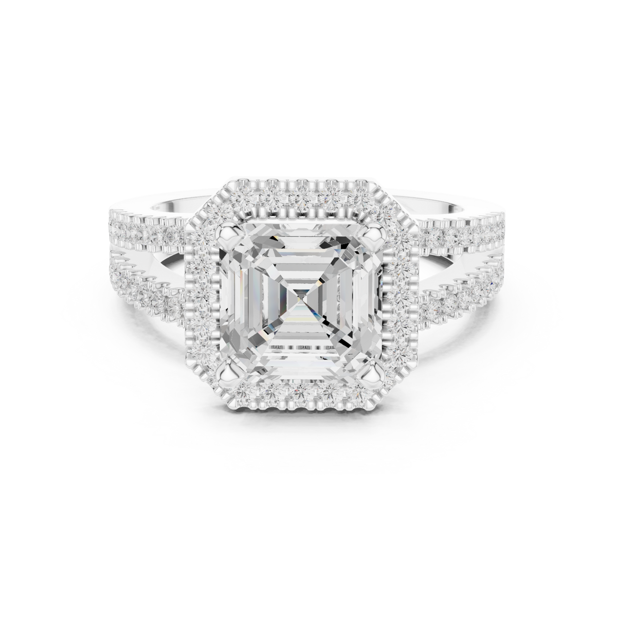 Asscher split shank halo engagement ring white gold detail view