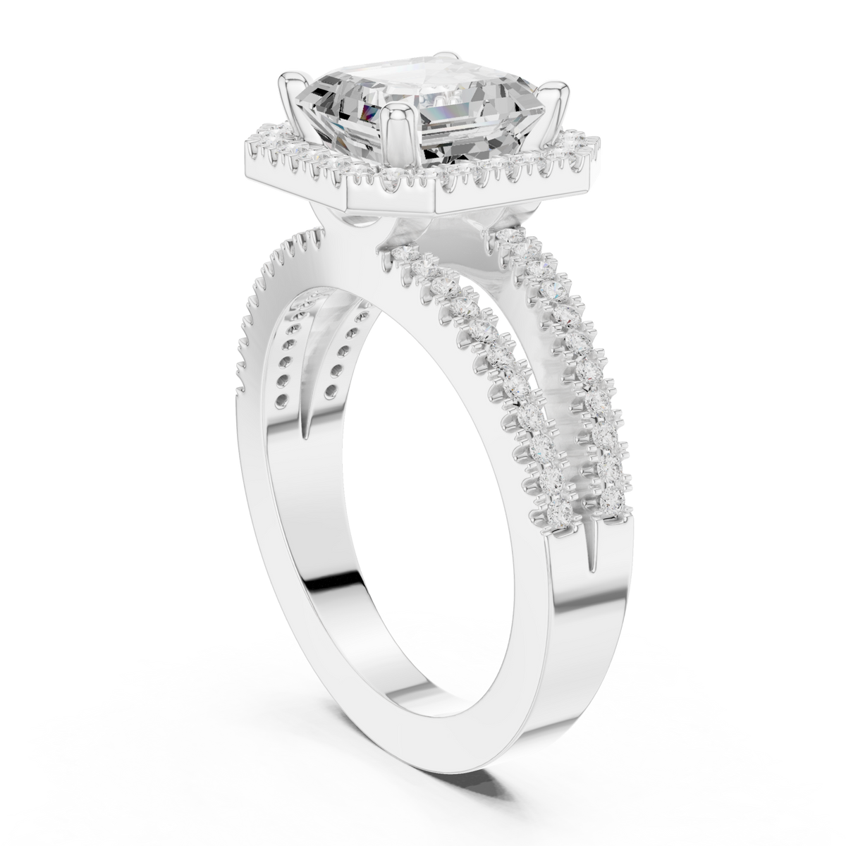 Asscher split shank halo engagement ring white gold front view
