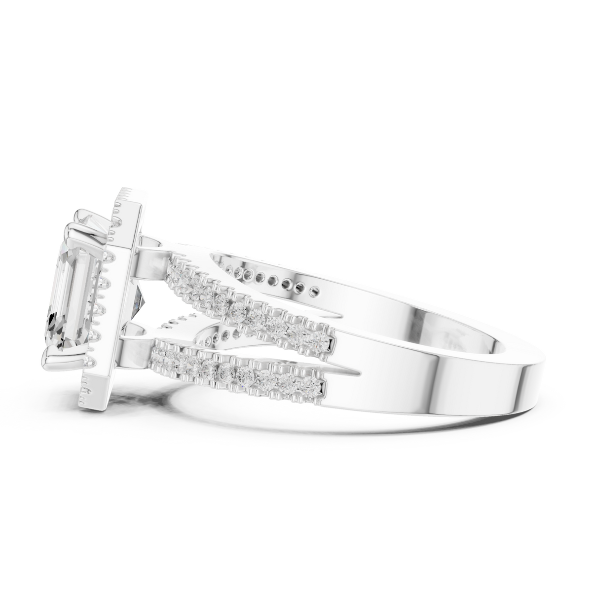 Asscher split shank halo engagement ring white gold side view