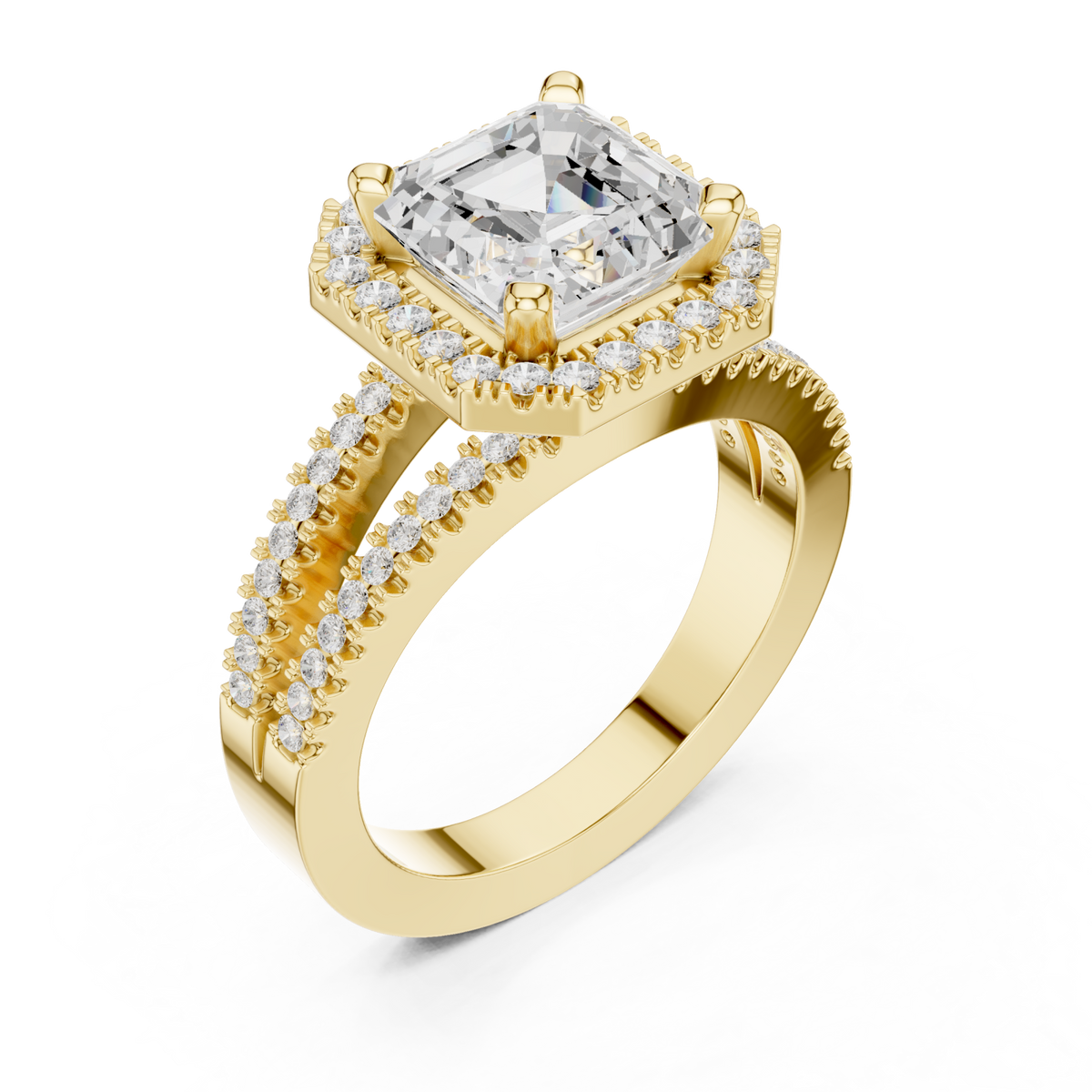 Asscher split shank halo engagement ring yellow gold angle view