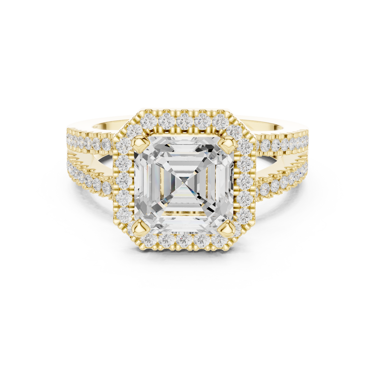 Asscher split shank halo engagement ring yellow gold detail view