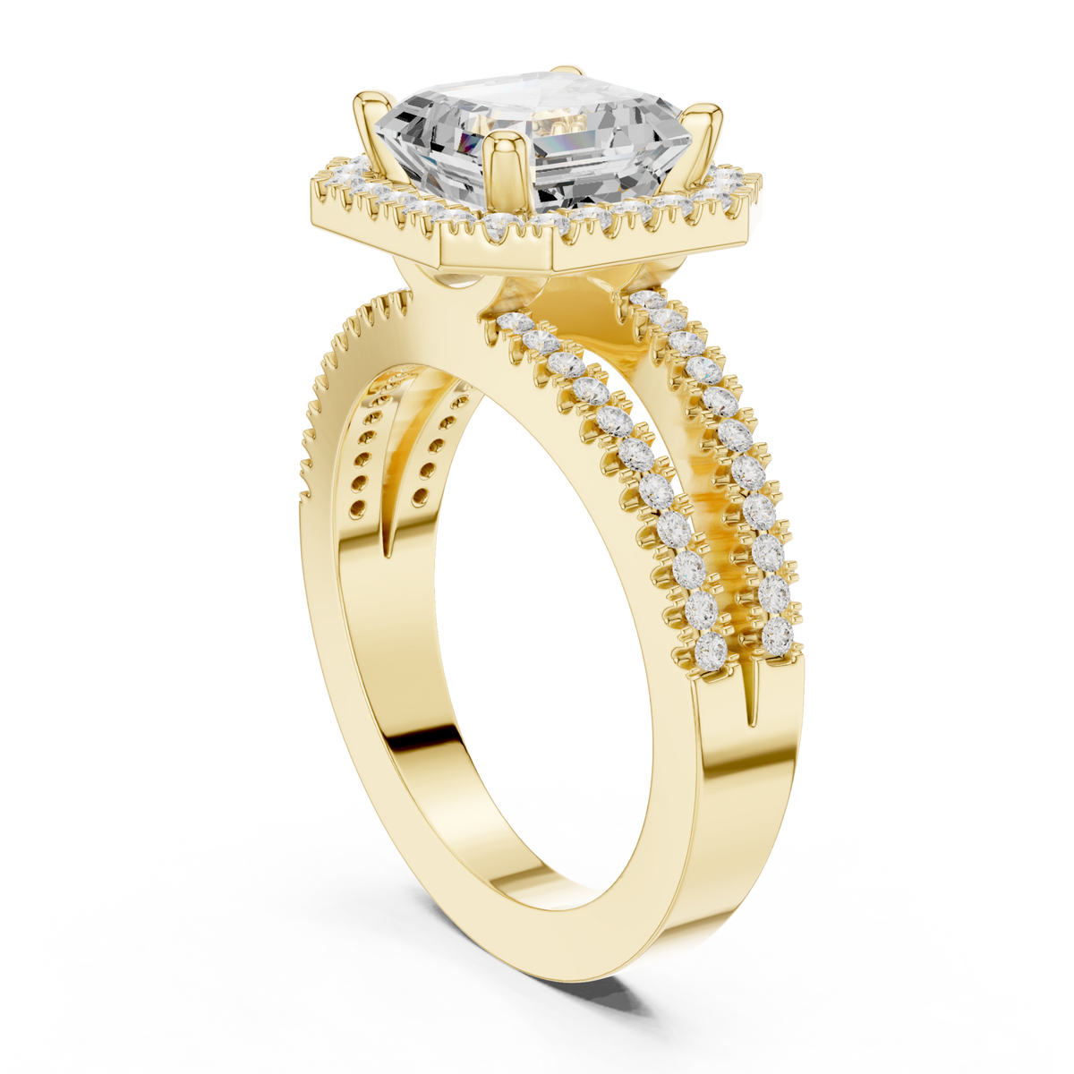 Asscher split shank halo engagement ring yellow gold front view