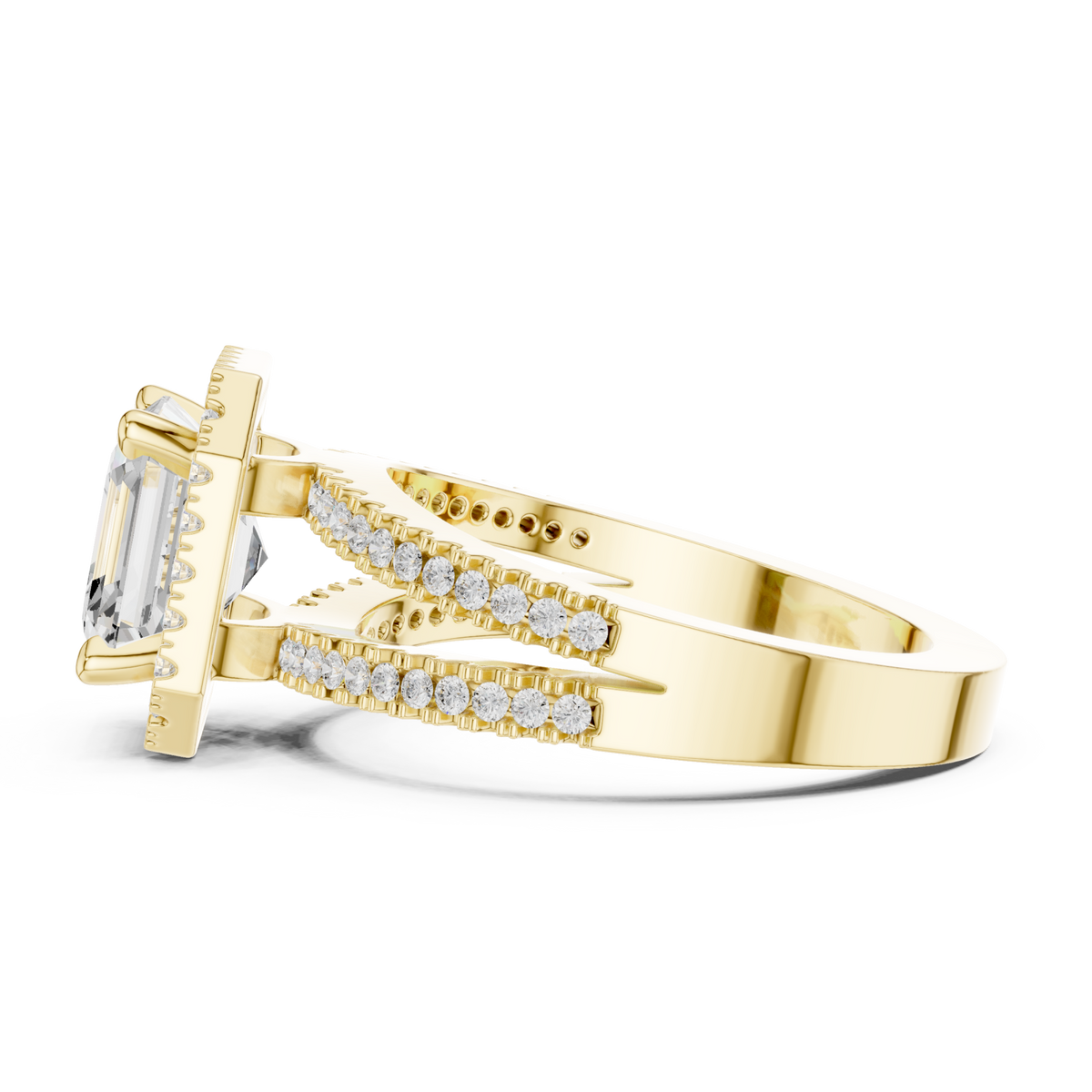 Asscher split shank halo engagement ring yellow gold side view