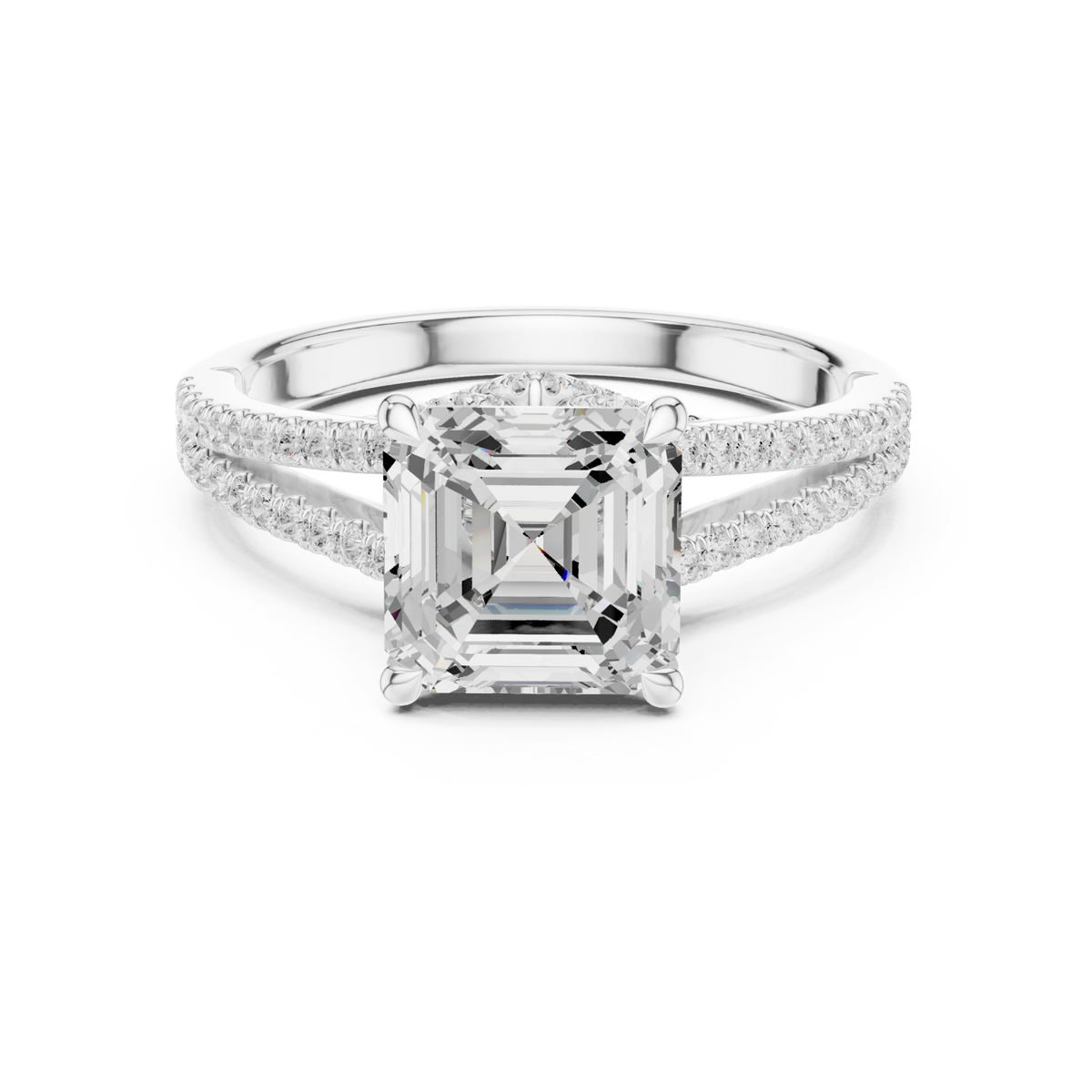 Asscher split shank pave engagement ring white gold detail view