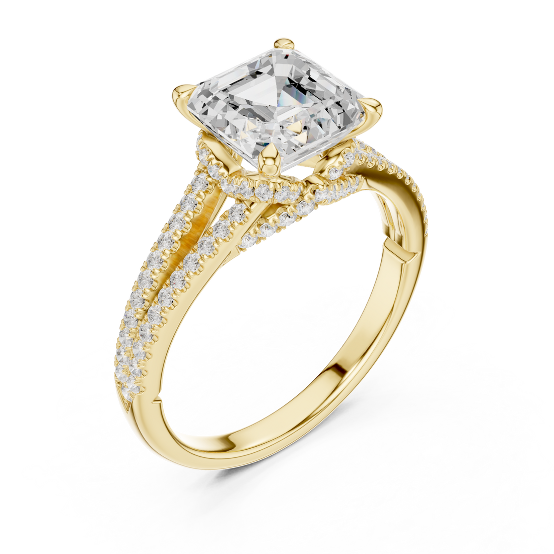 Asscher split shank pave engagement ring yellow gold front view