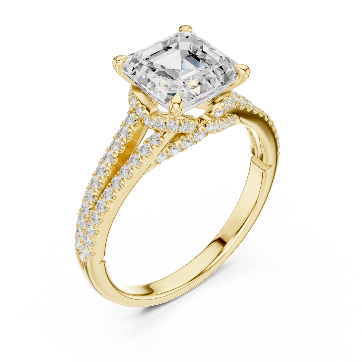 Asscher split shank pave engagement ring yellow gold angle view