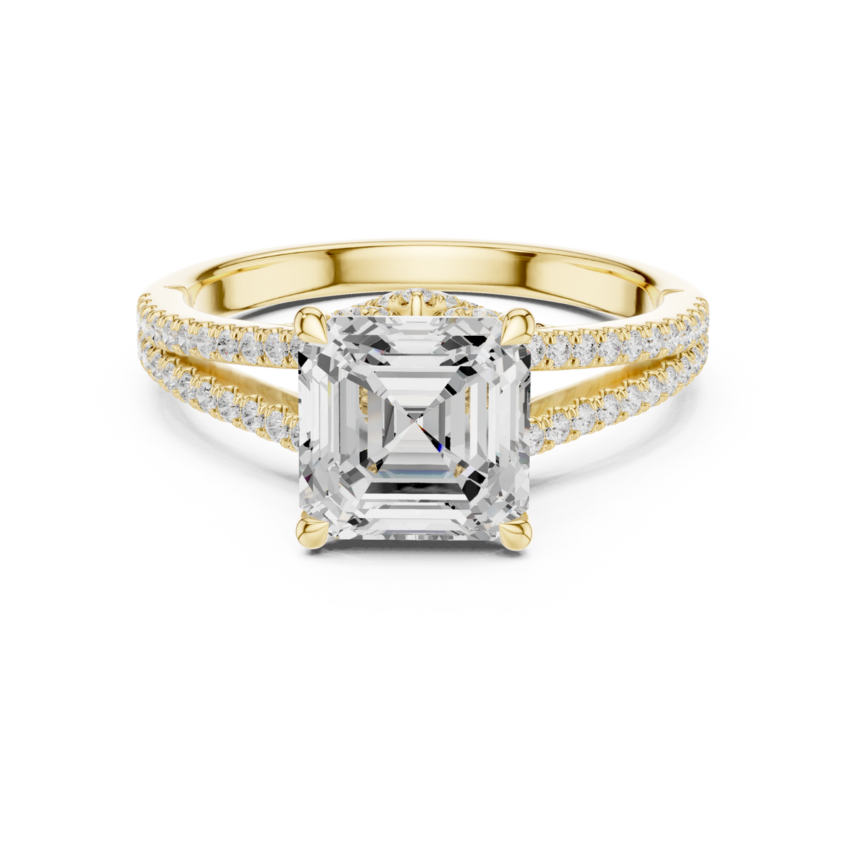 Asscher split shank pave engagement ring yellow gold detail view