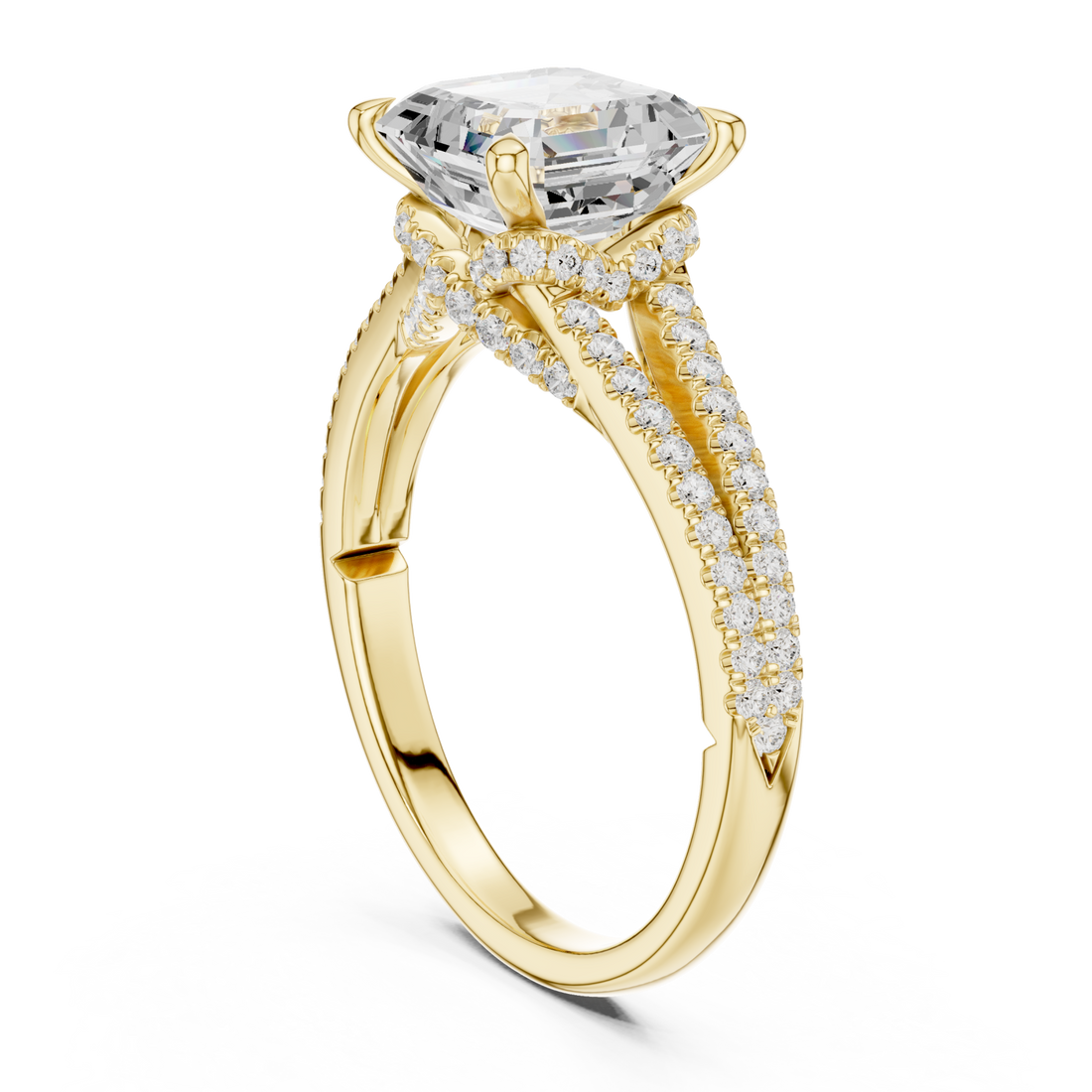 Asscher split shank pave engagement ring yellow gold front view