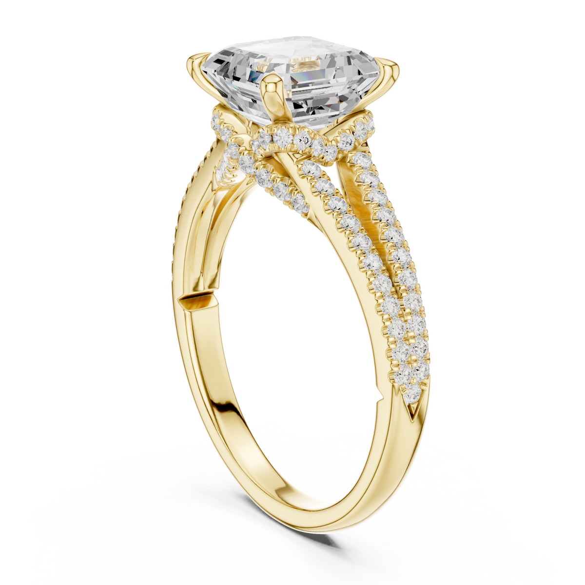 Asscher split shank pave engagement ring yellow gold front view
