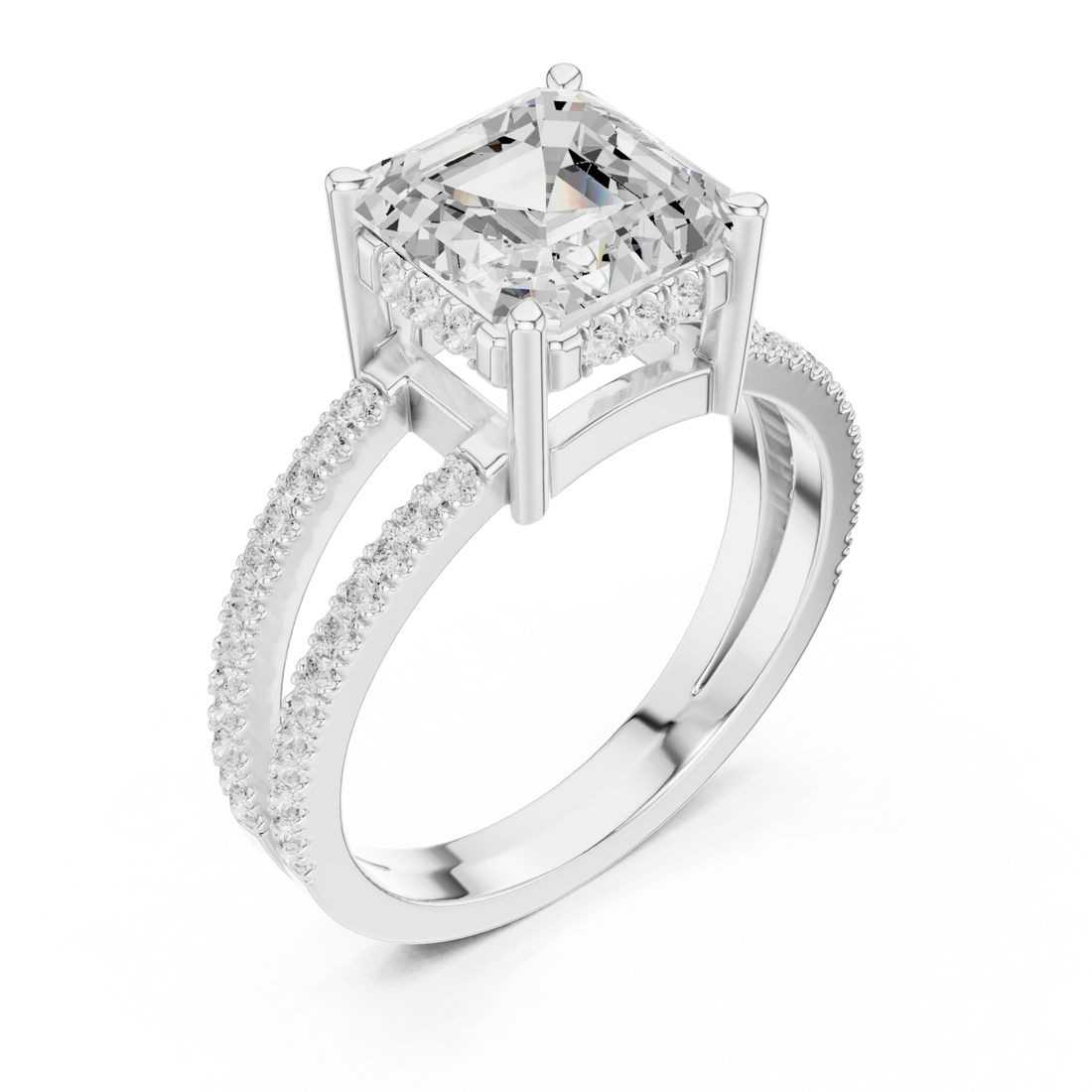 Asscher split shank pave solitaire engagement ring white gold front view