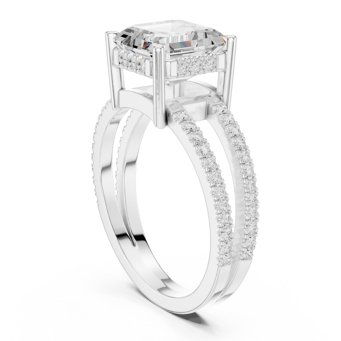 Asscher split shank pave solitaire engagement ring white gold front view