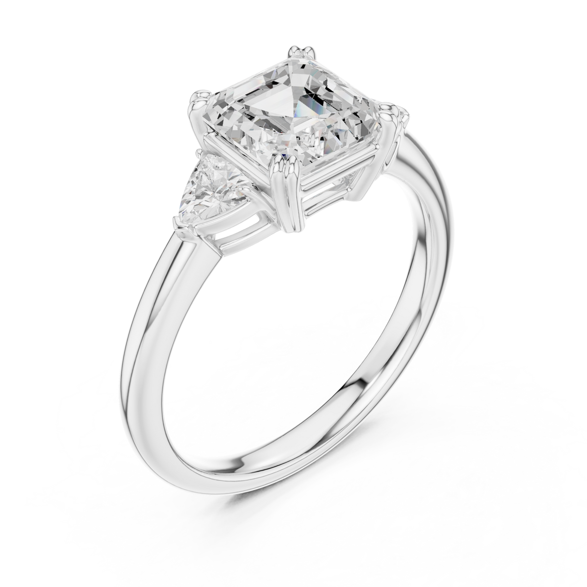 Asscher trillion side three stone engagement ring white gold angle view