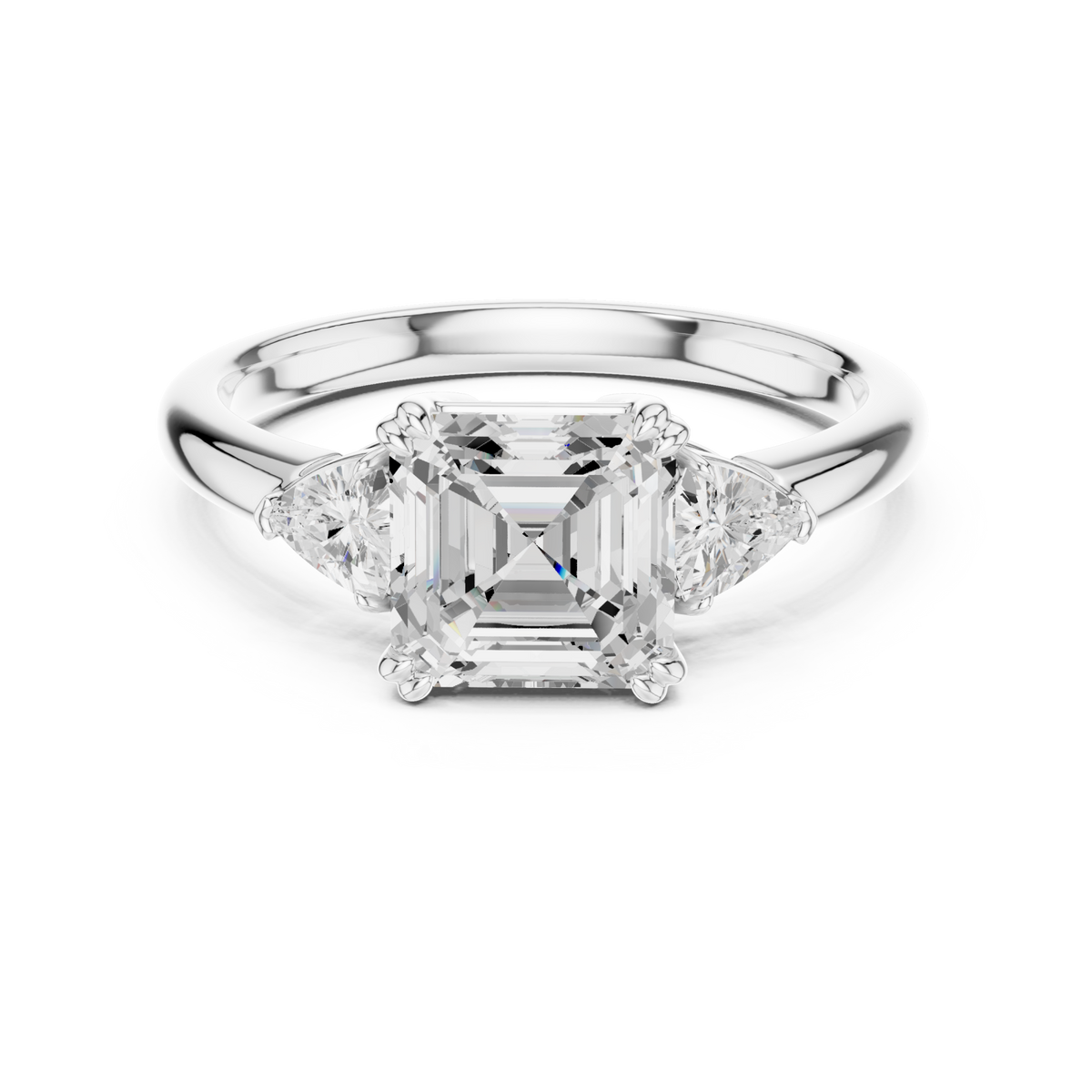 Asscher trillion side three stone engagement ring white gold detail view