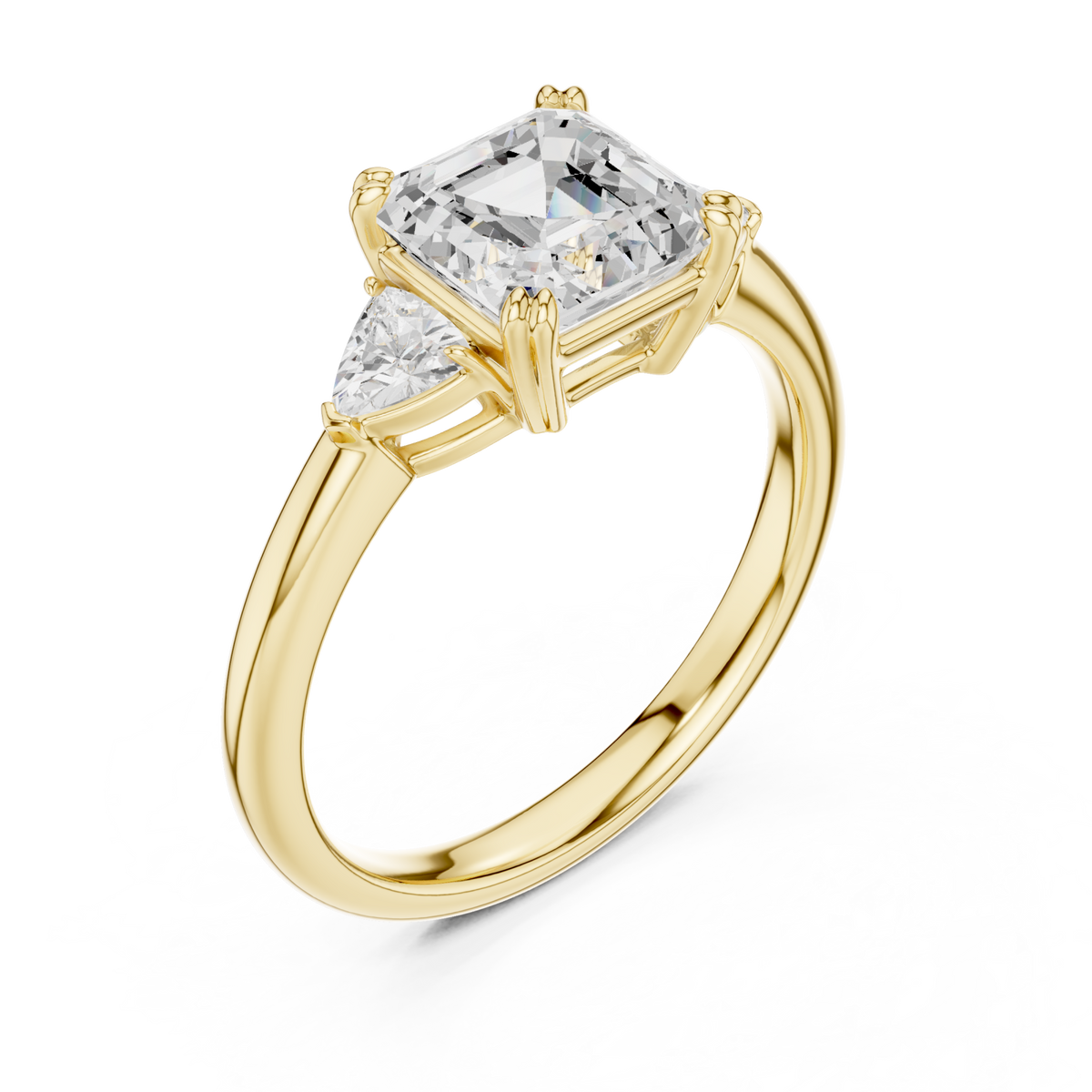 Asscher trillion side three stone engagement ring yellow gold angle view
