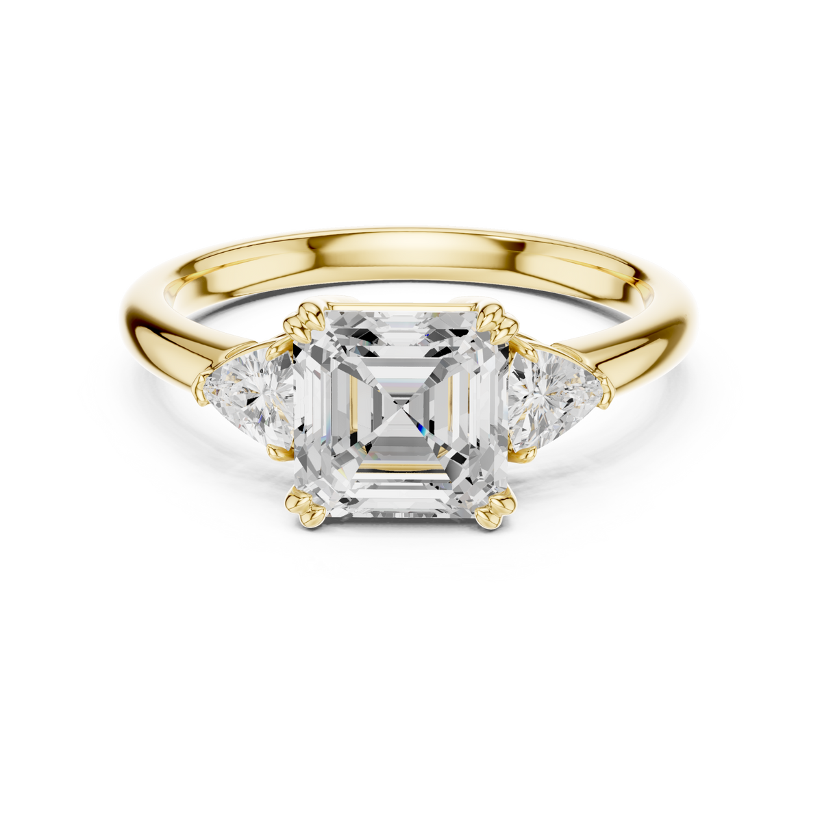 Asscher trillion side three stone engagement ring yellow gold detail view