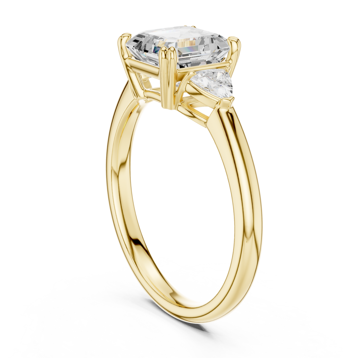 Asscher trillion side three stone engagement ring yellow gold front view