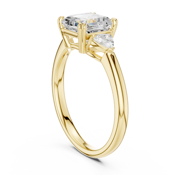 Asscher trillion side three stone engagement ring yellow gold front view