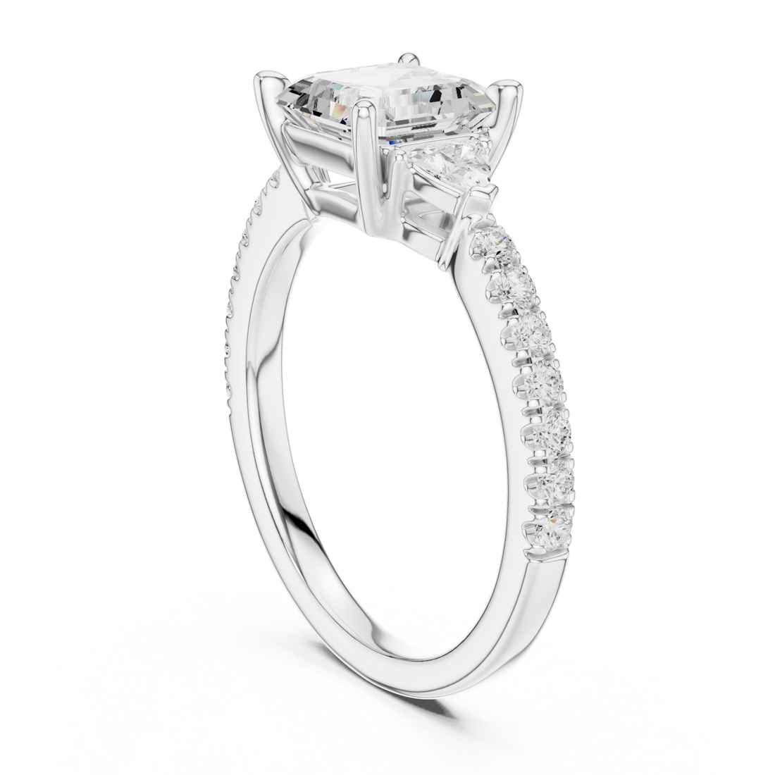 Asscher trillion side three stone pave engagement ring white gold front view