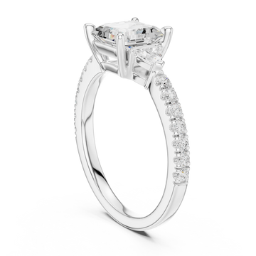 Asscher trillion side three stone pave engagement ring white gold front view