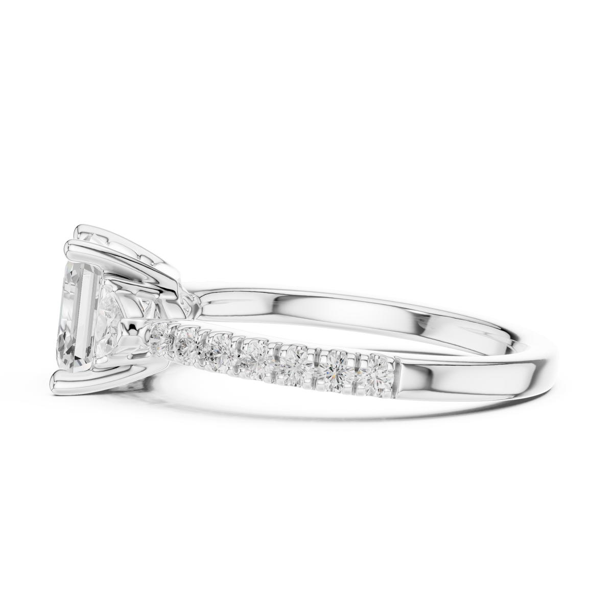 Asscher trillion side three stone pave engagement ring white gold side view