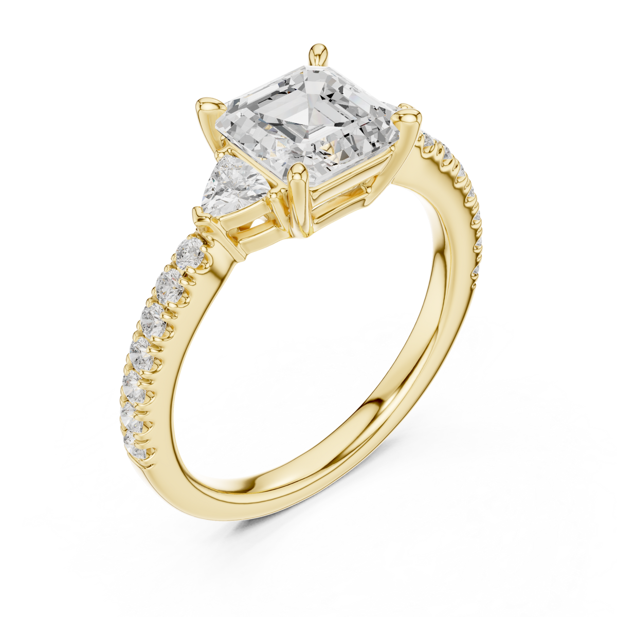 Asscher trillion side three stone pave engagement ring yellow gold angle view