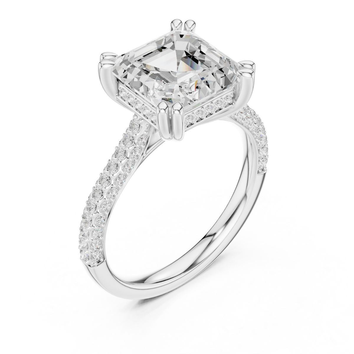 Asscher triple-row pave engagement ring white gold angle view