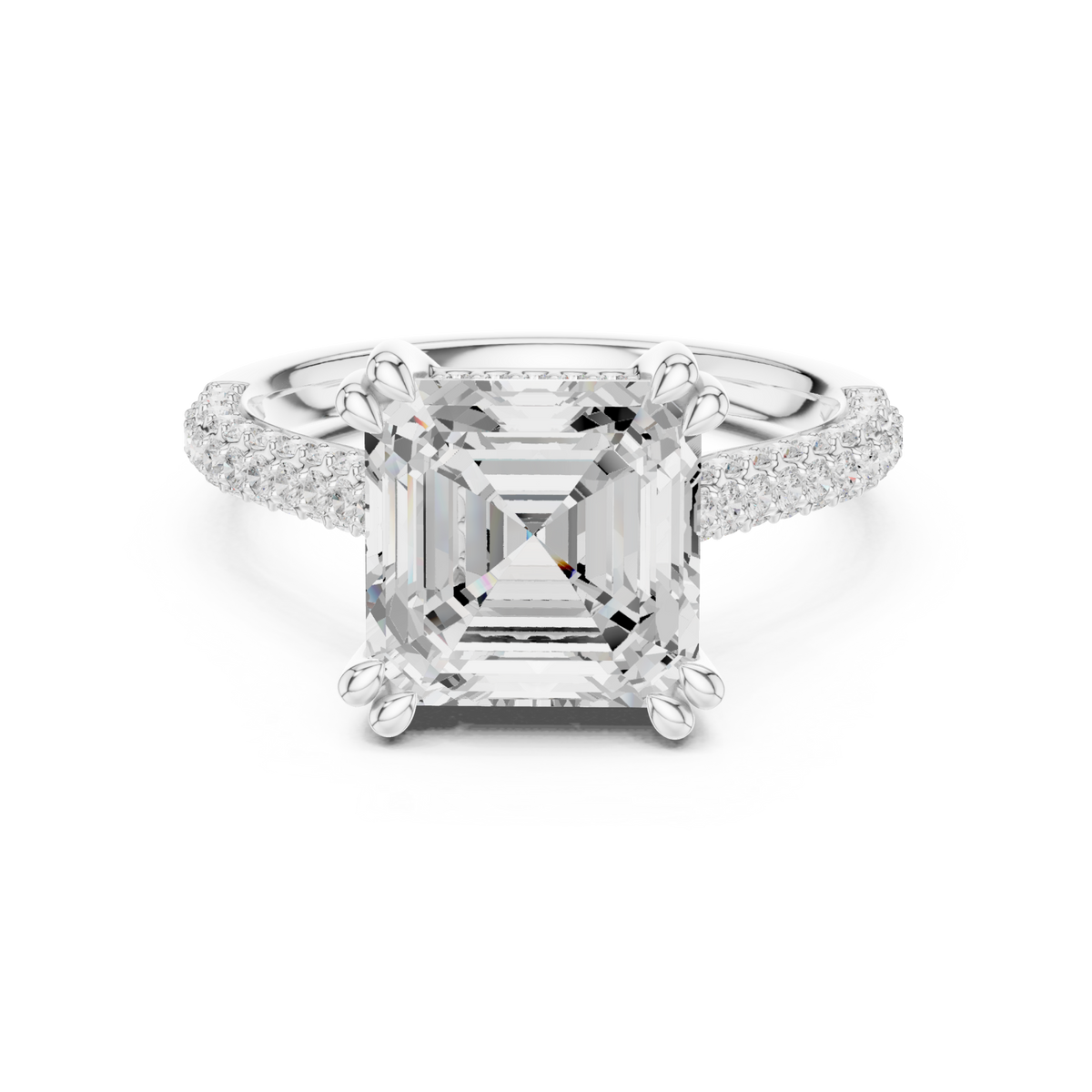 Asscher triple-row pave engagement ring white gold detail view