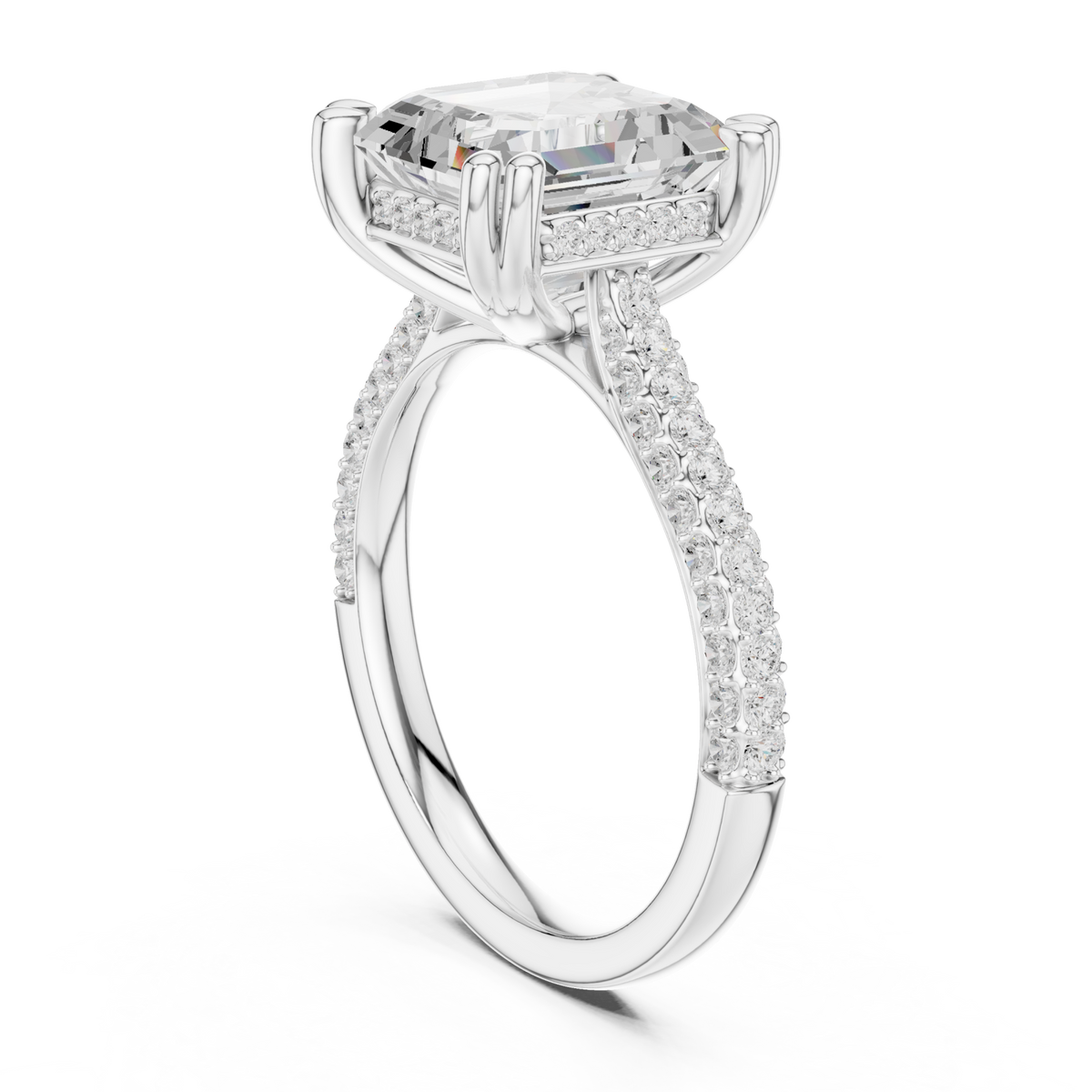 Asscher triple-row pave engagement ring white gold front view