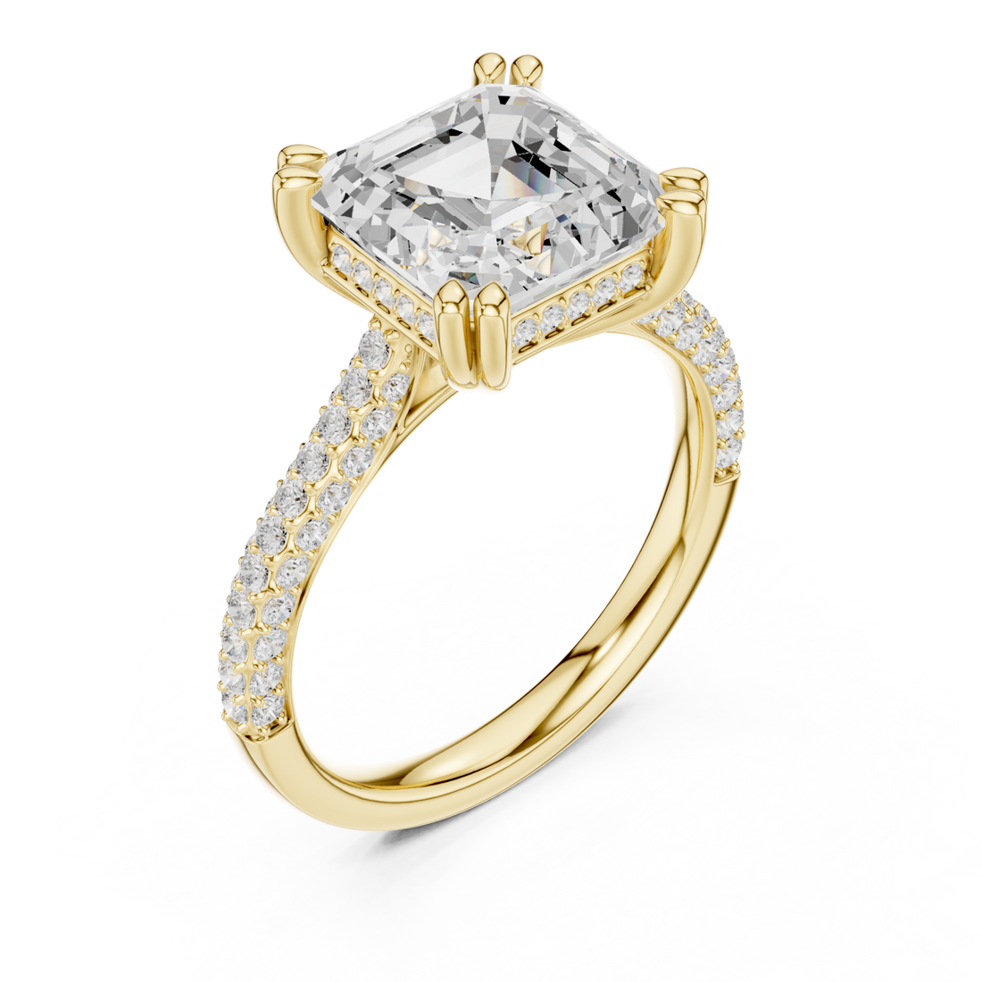 Asscher triple-row pave engagement ring yellow gold front view