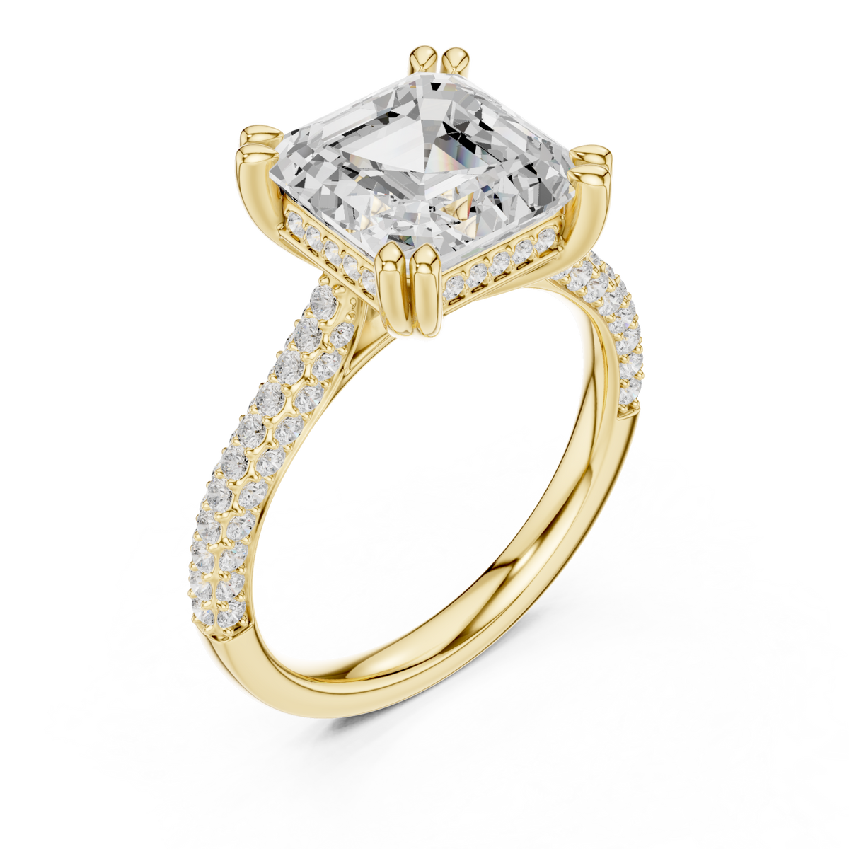 Asscher triple-row pave engagement ring yellow gold angle view