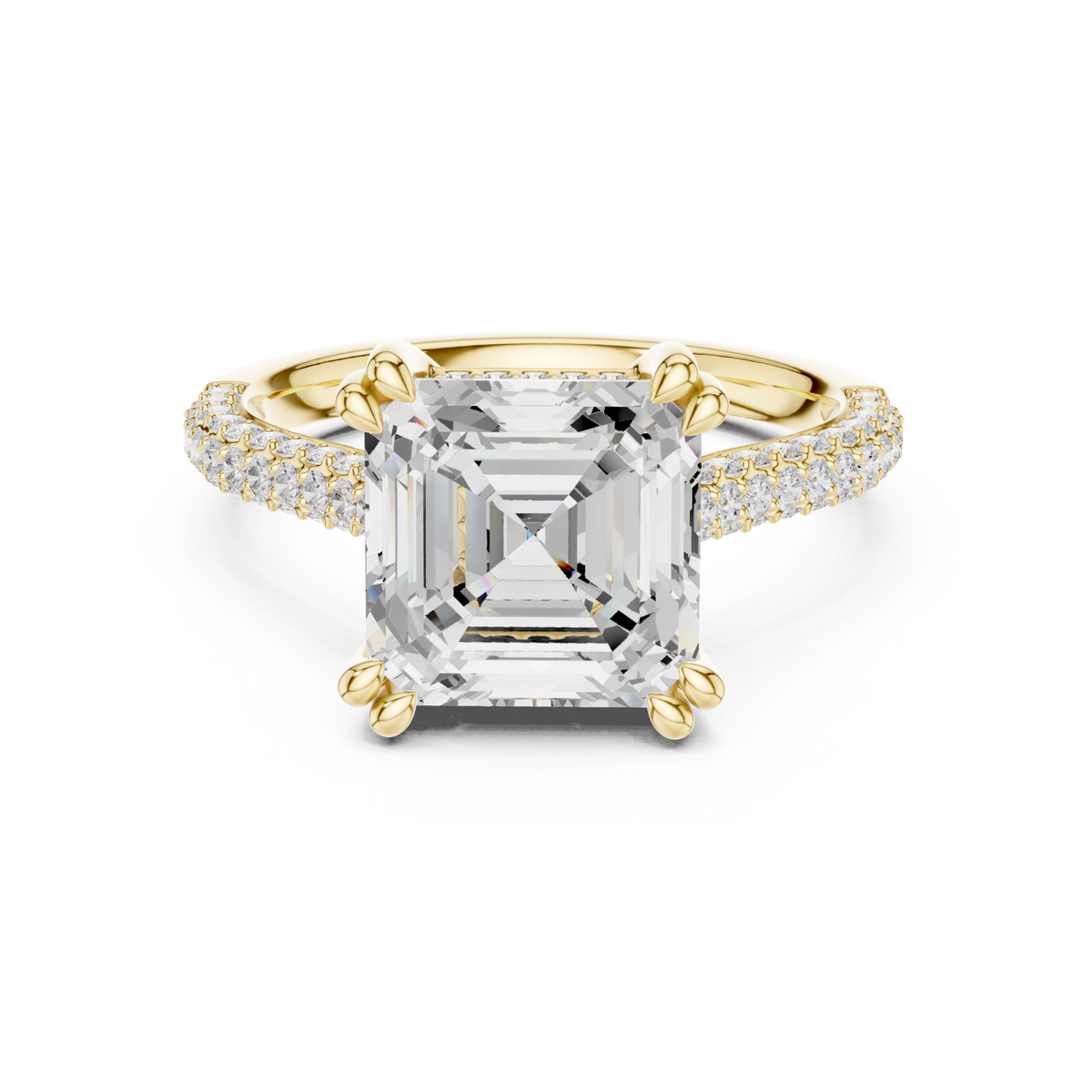 Asscher triple-row pave engagement ring yellow gold detail view