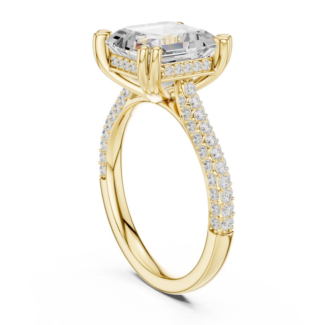 Asscher triple-row pave engagement ring yellow gold front view
