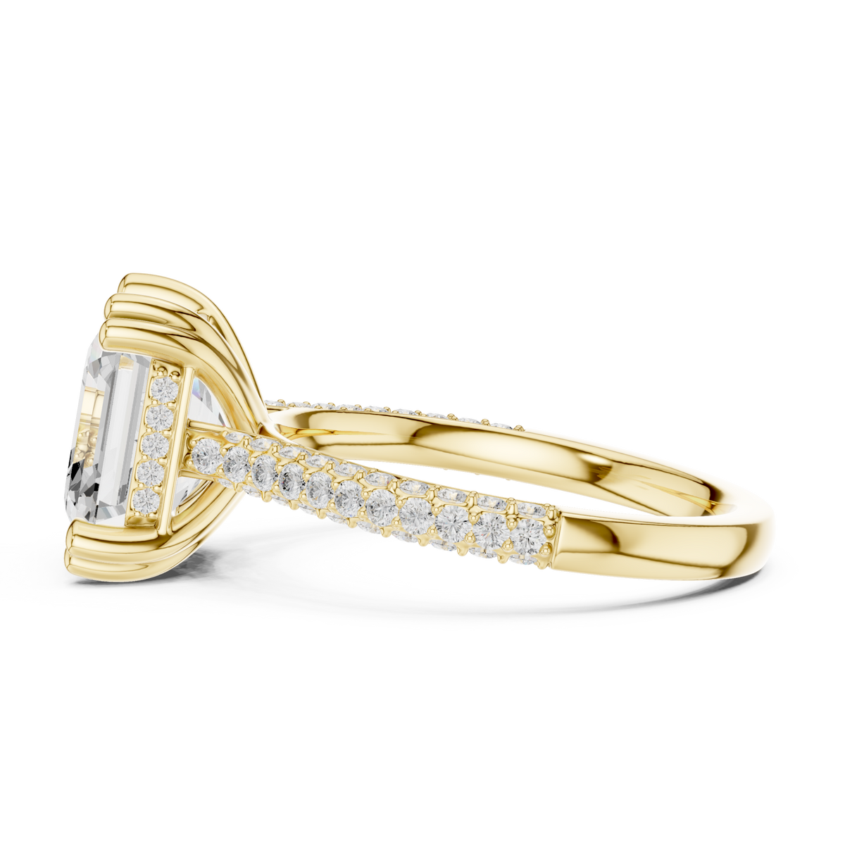 Asscher triple-row pave engagement ring yellow gold side view