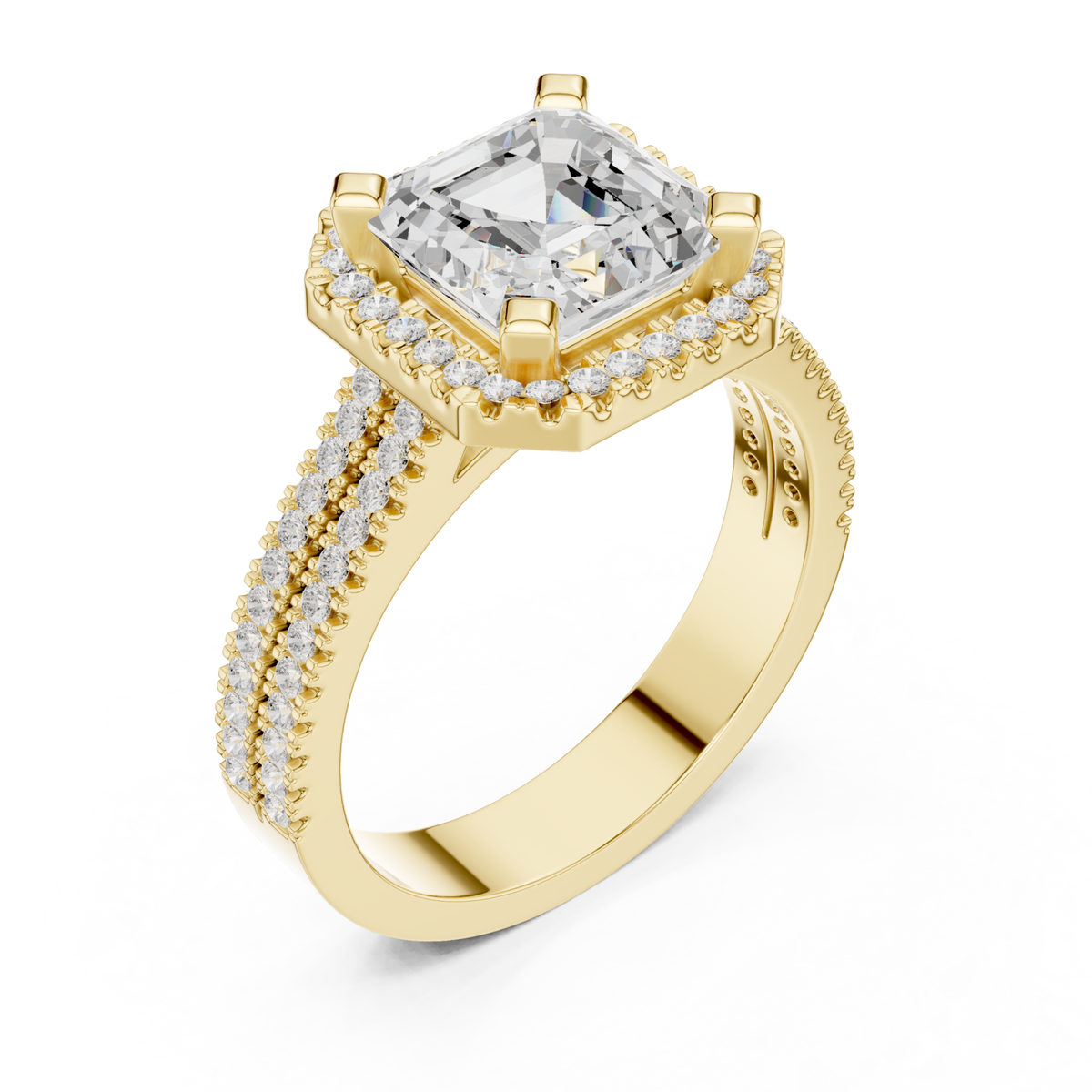 Asscher triple-row pave halo engagement ring yellow gold angle view