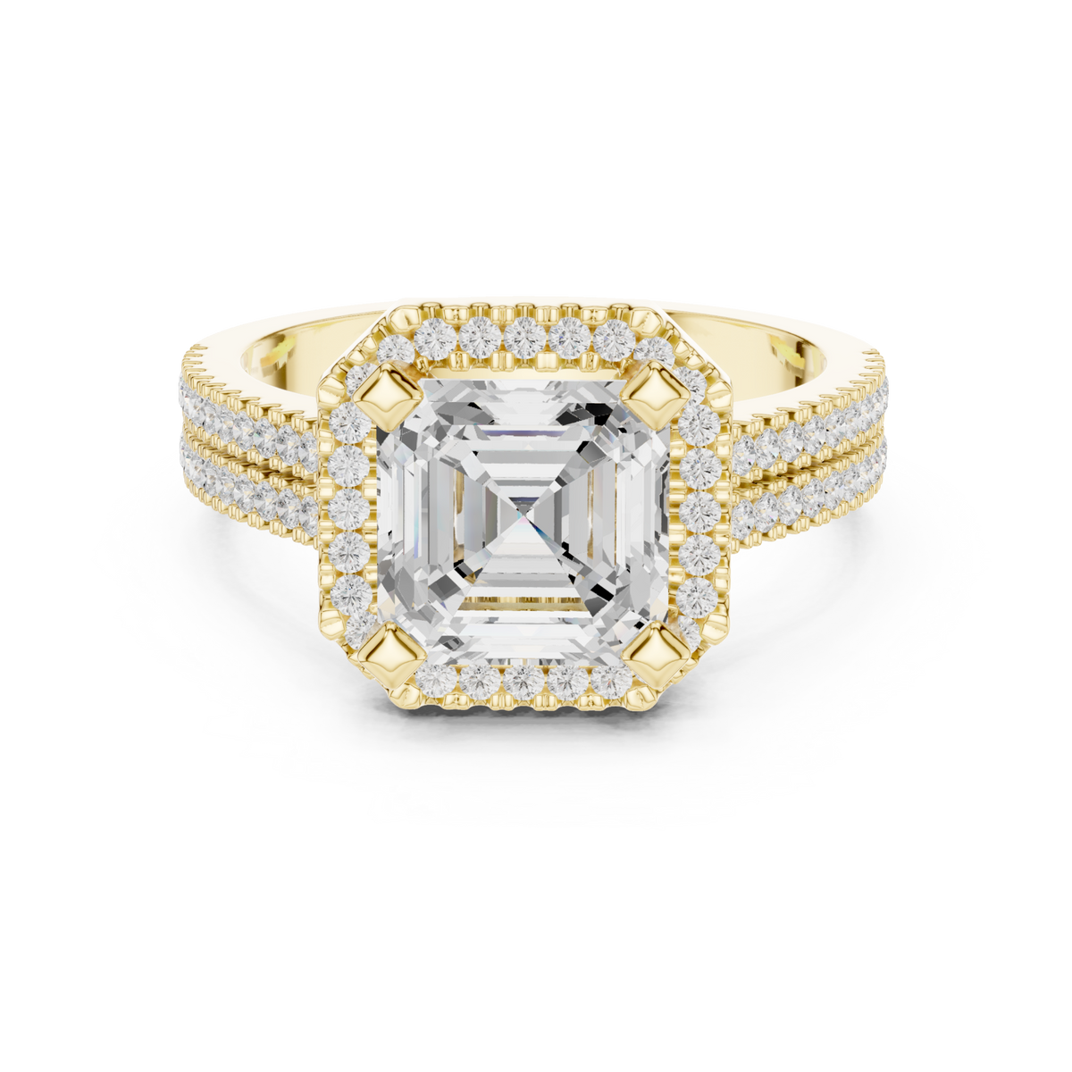 Asscher triple-row pave halo engagement ring yellow gold detail view