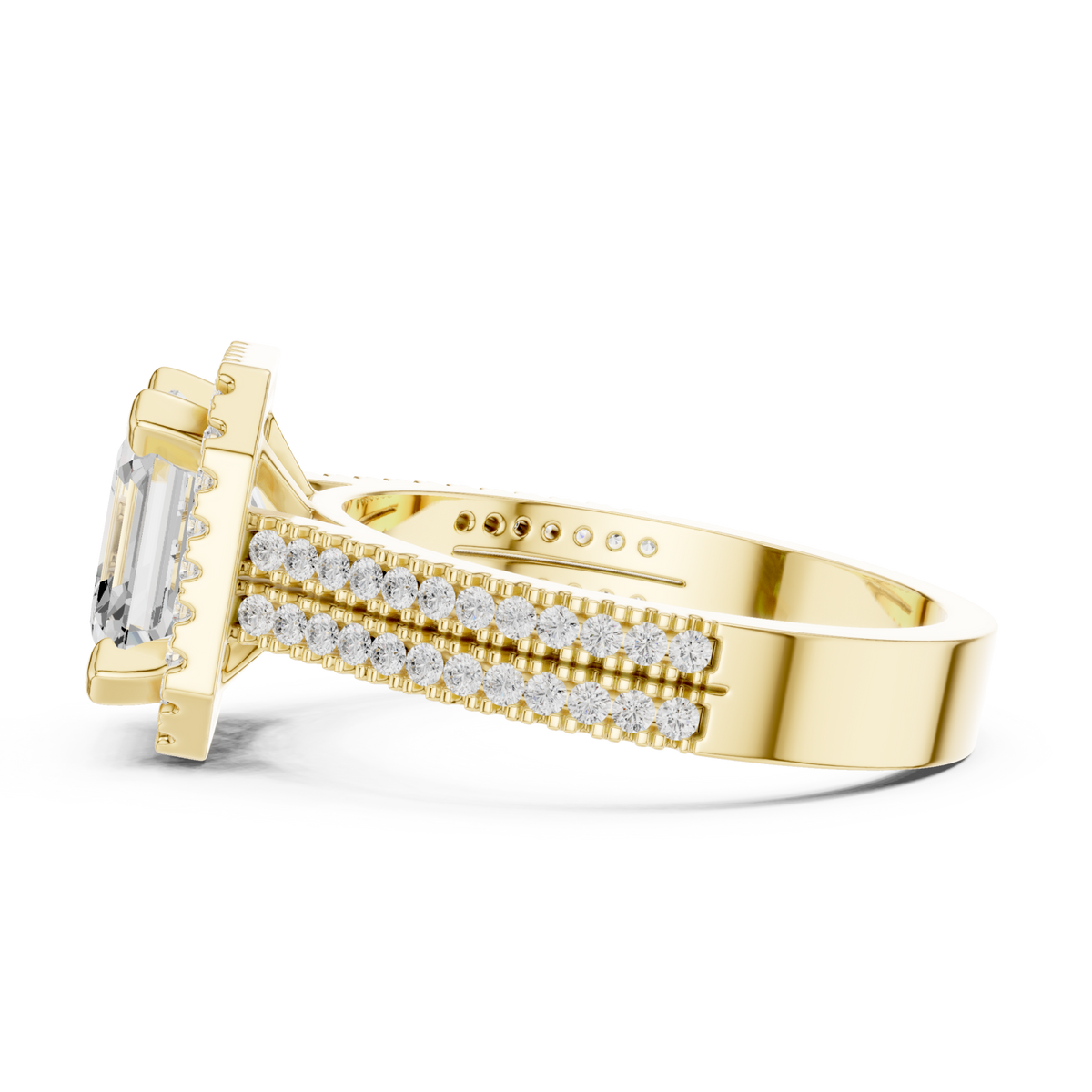 Asscher triple-row pave halo engagement ring yellow gold side view