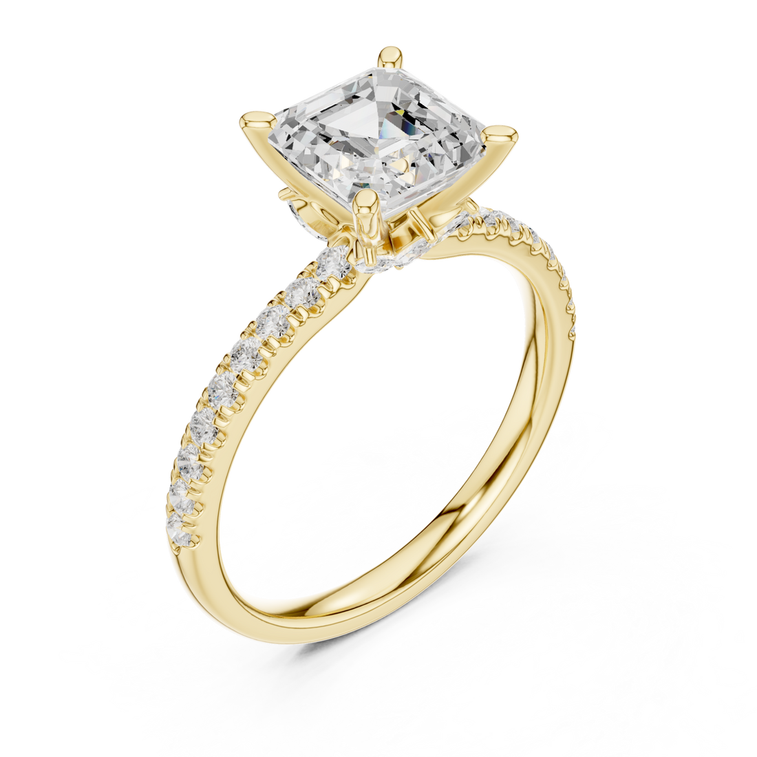 Asscher tulip basket pave engagement ring yellow gold front view