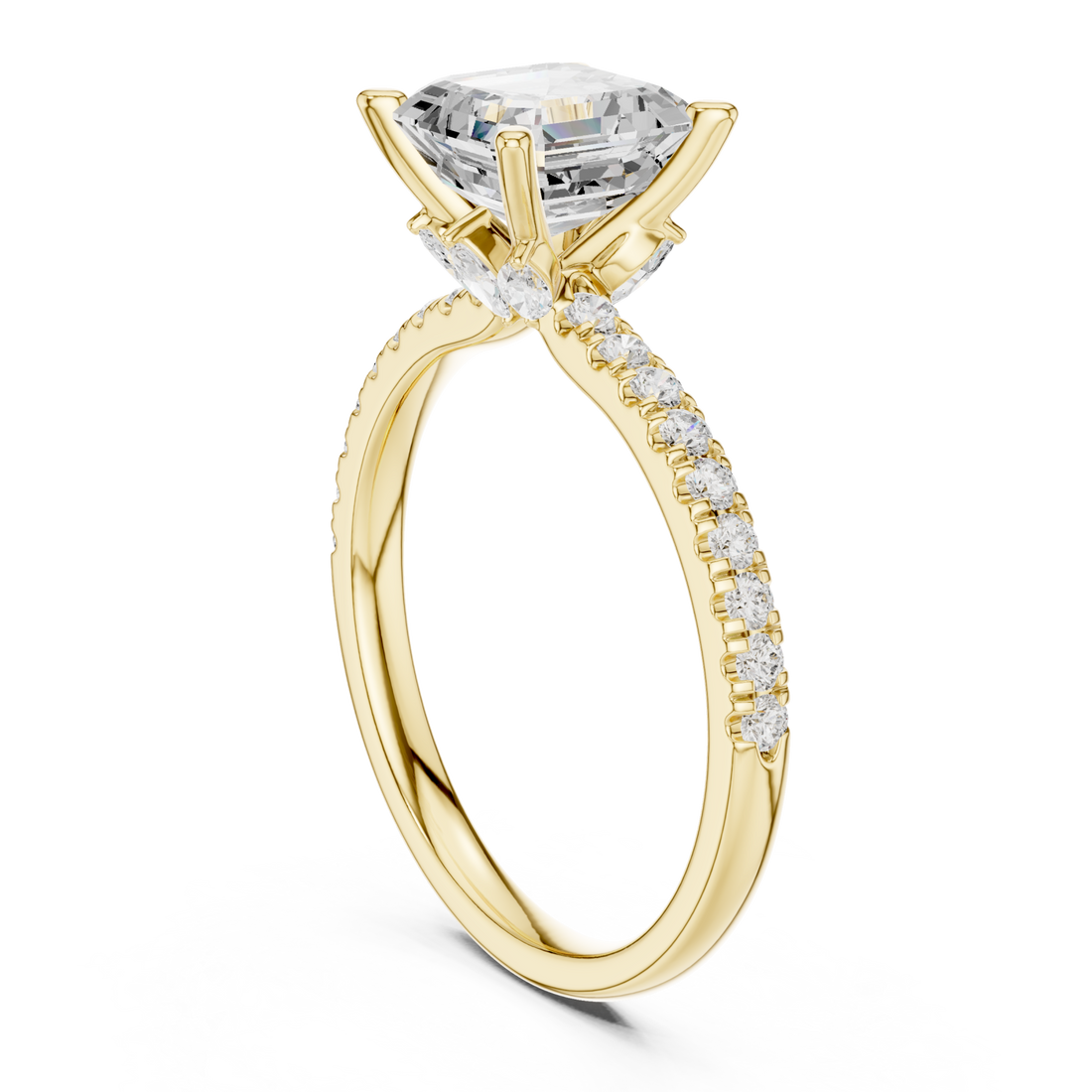 Asscher tulip basket pave engagement ring yellow gold front view