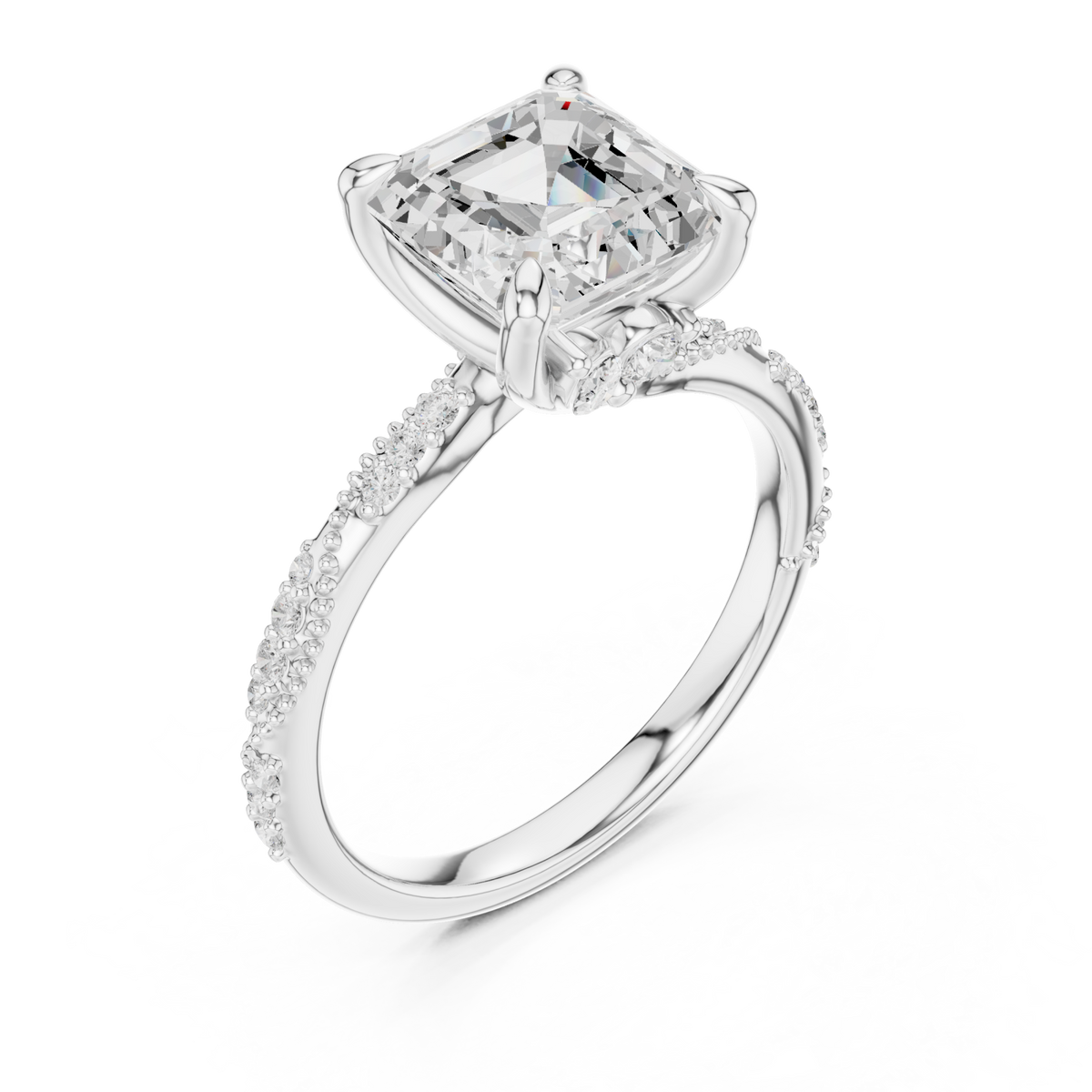 Asscher twist pave engagement ring white gold angle view