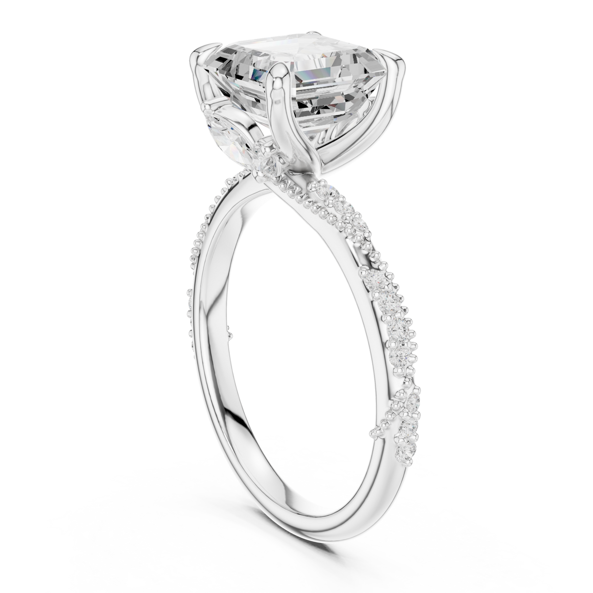 Asscher twist pave engagement ring white gold front view
